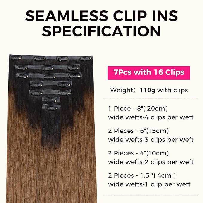 Lashey Seamless Clip in Hair Extensions Human Hair 14 Inch 110g 7pcs Yaki Straight Ombre Natural Black to Medium Auburn Clip in Hair Extensions with Soft PU weft
