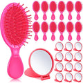 Meanplan 24 Pcs Mini Hair Brush Set 12 Travel Wet Dry Hair Combs Pocket Detangling 12 Compact Folding Makeup Mirror for Spa Sleepover Birthday Bridal Shower Bachelorette Christmas Party Gift(Rose Red)