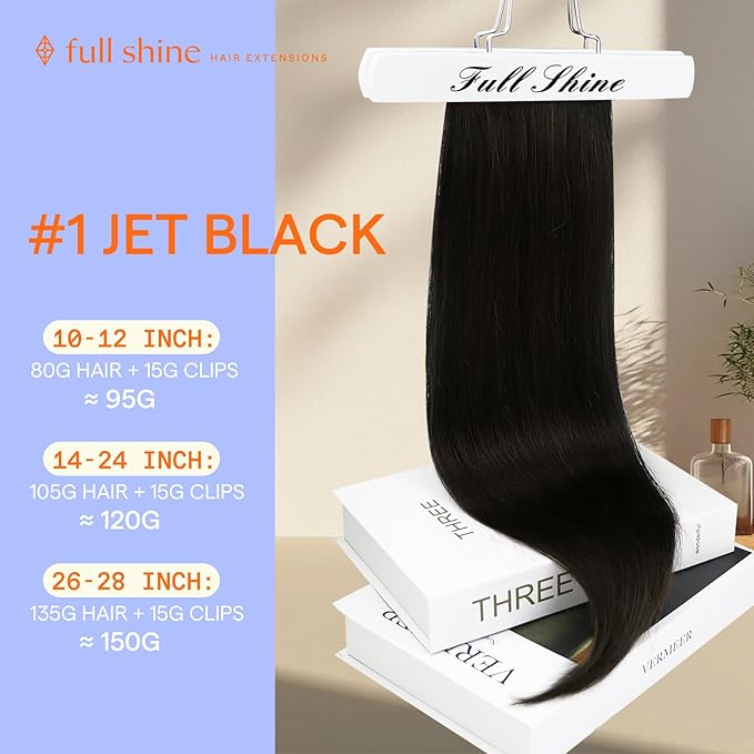 Full Shine 28 Inch Clip in Hair Extensions Real Human Hair Jet Black Long Clip in Extensions for Women Black Human Hair Straight 150 G Clip on Hair Extensions 7 Pcs
