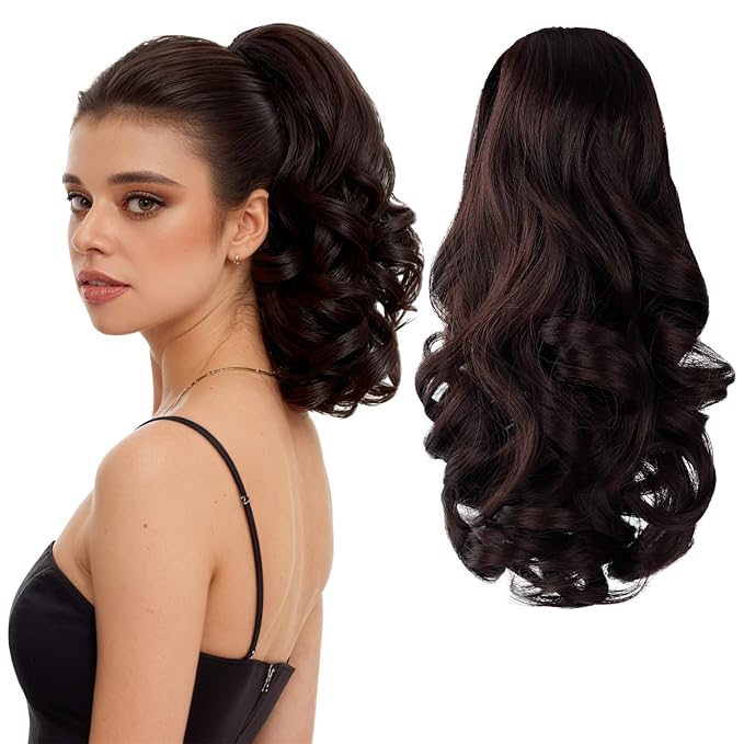 Ponytail Extension, Clip on Ponytails for Women, 12" Claw Clip in Short Curly Wavy Pony Hair Extension for Women - Brunette