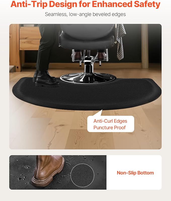VEVOR Salon Mat for Hair Stylist, 3 x 4 FT Semi-Circle Salon Chair Mat, 1/2-inch Thickened Anti Fatigue Barber Shop Floor Mat with Round Cut Out, Easy-to-Clean PVC Surface & Anti-Trip Beveled Edges