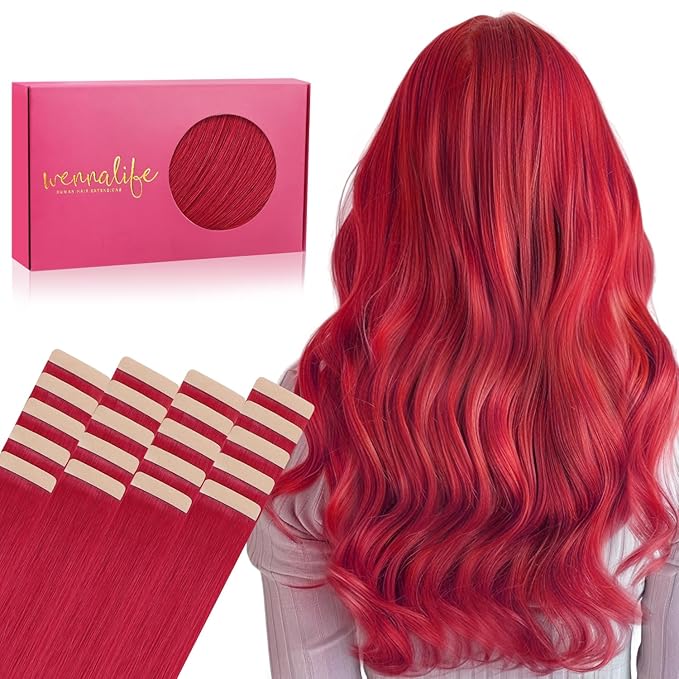 WENNALIFE Tape in Hair Extensions Human Hair, 20pcs 50g 14 inch Red Remy Hair Extensions Straight Human Hair Tape in Extensions Skin Weft Tape Extensions Human Hair