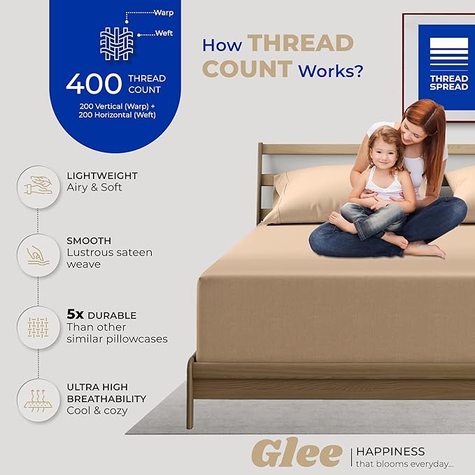 THREAD SPREAD 100% Cotton Pillowcases Standard/Queen Size Set of 2-400 Thread Count Cotton Pillowcases, Ultra Soft Cooling Sateen Weave Pillow Cases for Sleeping, Set of 2 Pillow Covers (Taupe)