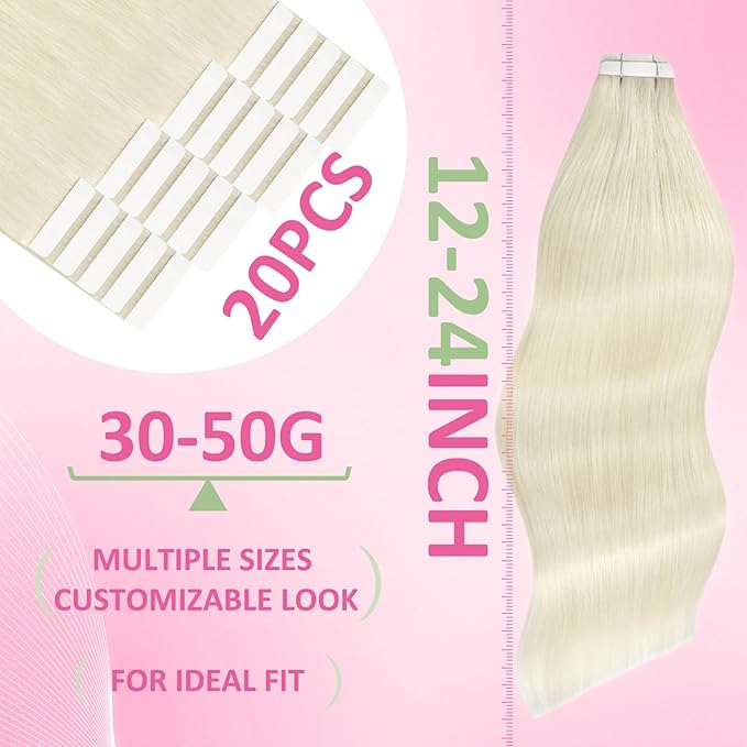 YoungSee Invisible Tape in Hair Extensions Human Hair Platinum Blonde Tape in Hair Extensions Human Hair Platinum Blonde 18Inch Tape-in Hair Extension Real Human Hair Long 20pcs 50g