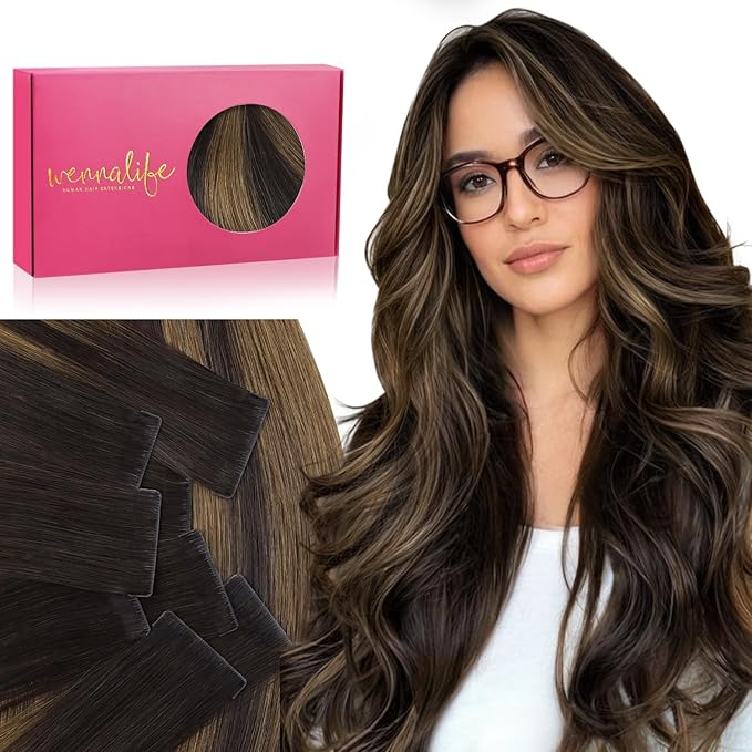 WENNALIFE Invisi Edge Tape in Hair Extensions Human Hair, 24 Inch 50g 20pcs Balayage Dark Brown Mixed Chestnut Brown Invisible Luxury Remy Hair Extensions Natural Seamless Injected Tape Ins Straight