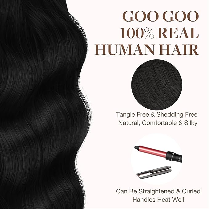 GOO GOO Tape in Hair Extensions Human Hair, 1 Jet black, 16inch 25g 10pcs, Skin Weft Seamless Invisible, Silky Straight with Thick Ends, Remy Human Hair