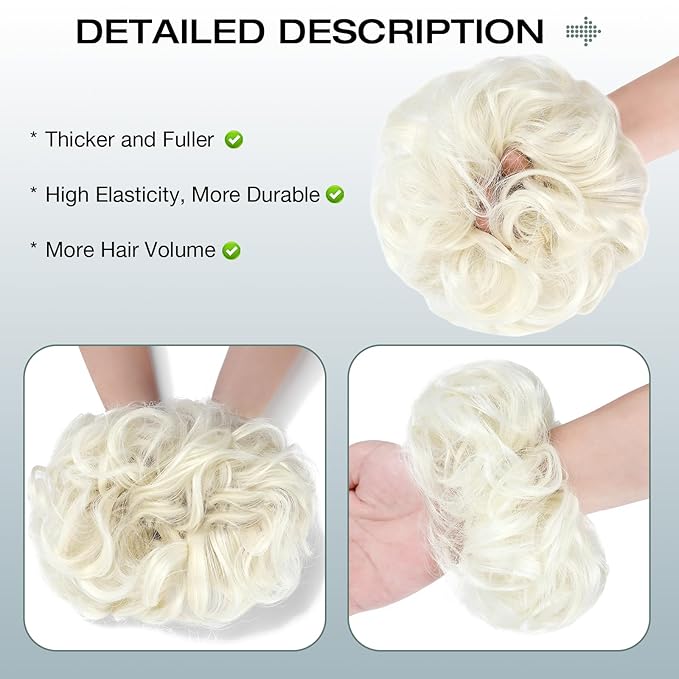 Messy Bun Hair Piece Wavy Curly Scrunchies Fluffy Donut Thick Updo Elegant Chignon Hairpieces for Women Girls, Platinum Blonde 1.4oz