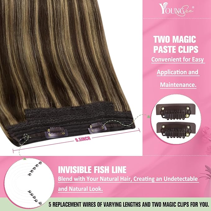 YoungSee Wire Hair Extensions Real Human Hair Brown Highlight Hair Wire Dark Brown Mix Caramel Blonde Human Hair Fish Line Extensions Easy to Wear 18inch 80g
