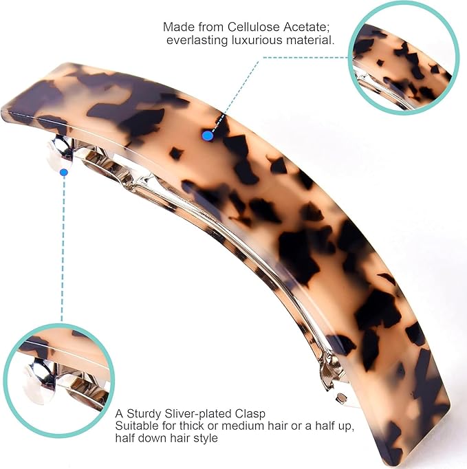 Eyegla Hair Barrettes for Women Large French Barrette Hair Clips Tortoise Shell Barrettes for Thick Hair,2 Pack