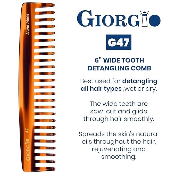 Giorgio G47 Large 6 Inch Detangling Comb, Wide Teeth for Thick Curly Wavy Hair. Long Hair Detangler Comb For Wet and Dry. Handmade of Quality Cellulose, Saw-Cut, Hand Polished, Tortoise Shell