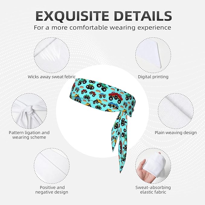 Men Women Novelty Sports Sweatbands Head Decor for Running Athletic Shower, Elastic Multifunction Monster Truck Cartoon Head Ribbon Headdress