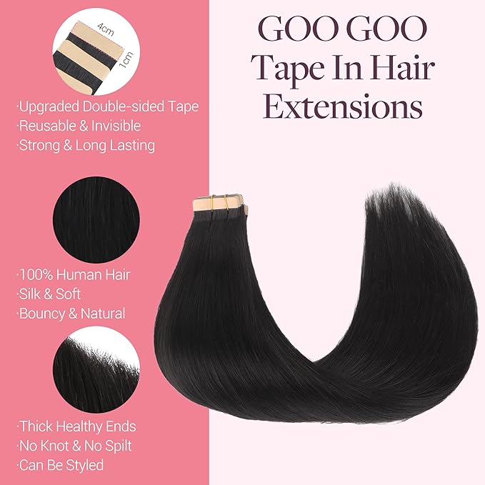 GOO GOO Tape in Hair Extensions Human Hair, 1B Natural black, 16inch 50g 20pcs, Skin Weft Seamless Invisible, Silky Straight with Thick Ends, Remy Human Hair