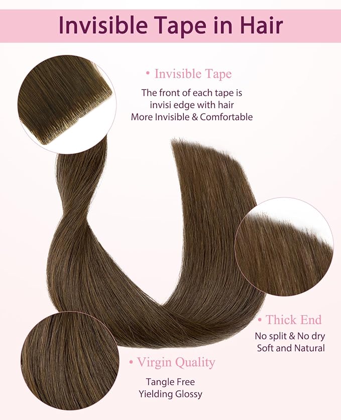 Pinkpearl Invisible Tape in Hair Extensions Human Hair, 20pcs 18inch 50g #4 Chocolate Brown Injection Tape in Extensions Real Remy Straight Seamless Silky Human Hair Injected