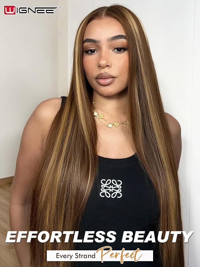 WIGNEE 13x6 Synthetic Lace Front Wig 28" Long Straight Wig Natural Black Kanekalon Futura Synthetic Wigs for Black Women Pre-Plucked Glueless Wig for Daily Party Use