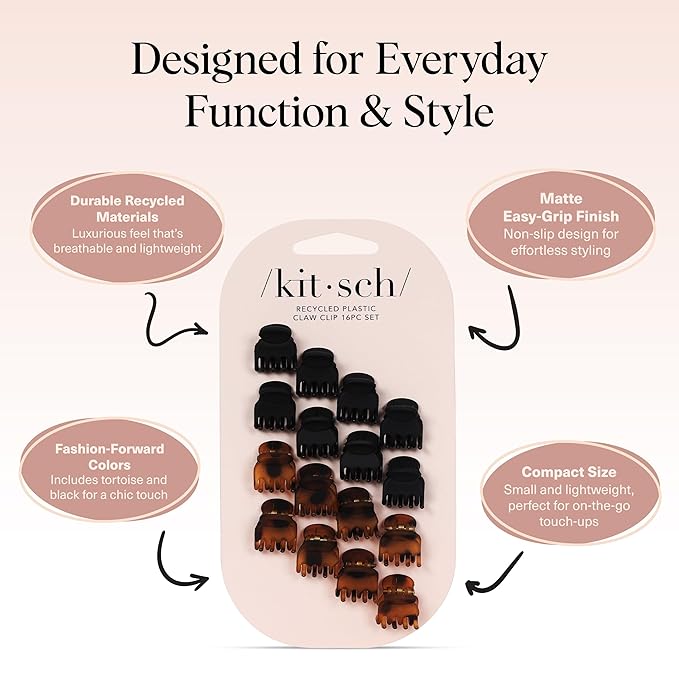 Kitsch Mini Claw Clips for Women - Stylish Small Hair Clips for Kids | Stays In Place Without Pulling or Snagging | Durable & Sturdy Plastic | Ideal Gifts for Women - Tortoise & Black, 16 Pcs