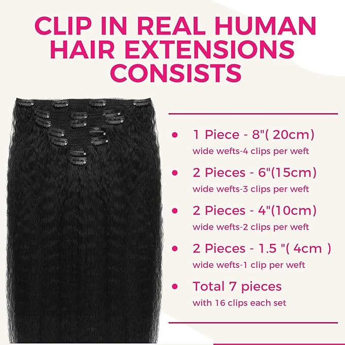 Lashey Clip in Hair Extensions Human Hair, Kinky Straight Remy Human Hair 24 Inch 120g 7pcs Natural Black #1B, Long Thick Clip in Hair Extensions for Black Women
