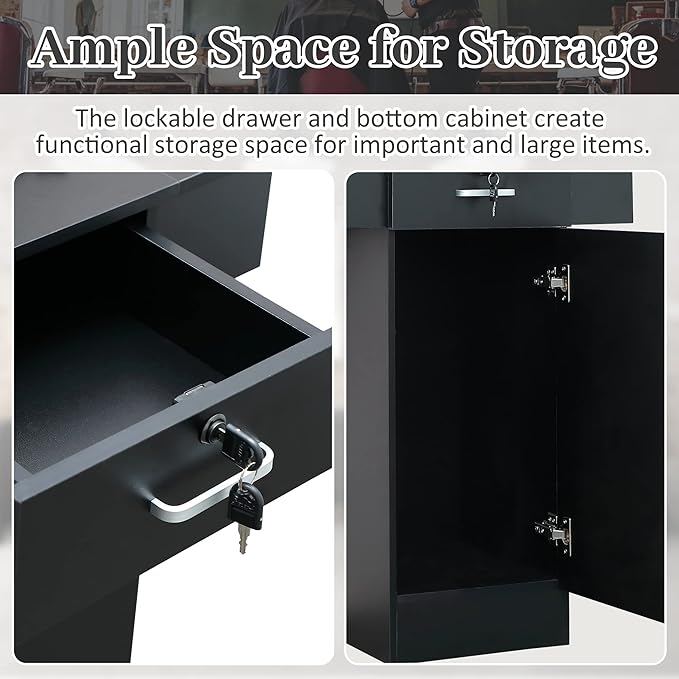 Salon Station for Hair Stylist,Hair Styling Organizer Equipment with Glass Door,6 Tool Dryer Holders, 2 Storage Cabinet ，Beauty Spa Barber Equipment, Black