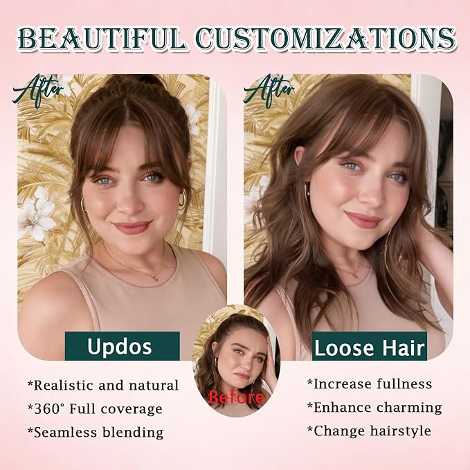 Benehair Clip in Bangs 100% Real Human Hair Extensions 360° Cover Clip on 3D Wispy Bangs for Women Topper Hairpieces for Women Light Brown