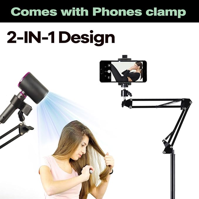Hair Dryer Stand Holder 360 Rotate Hair Dryer Holder Stand Floor，Adjustable Hands Free Blow Dryer Floor Stand , Blow Dryer Stand Hands Free Clip Suitable for 99% Hair (Black)