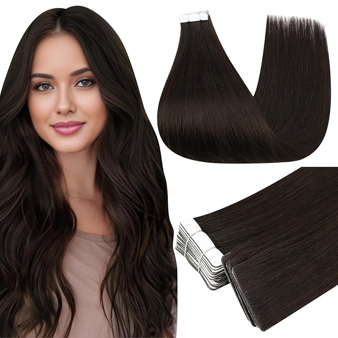 Full Shine Invisi Edge Tape in Hair Extensions Color 2 Dark Brown Machine Remy Injected Tape in Extensions Insert Human Hair 22 Inch Natural Silky 20 Pcs 50 Grams for Wedding Soft