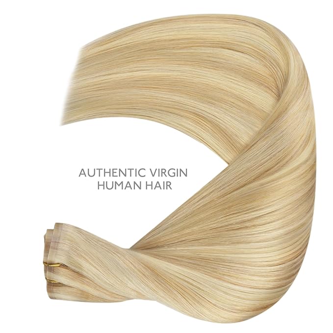 WENNALIFE Seamless Clip In Hair Extensions Human Hair, 24 Inch 160g 7pcs Light Blonde Highlighted Golden Blonde Hair Extensions Clip In Real Human Hair Extensions Invisible PU Weft Human Hair