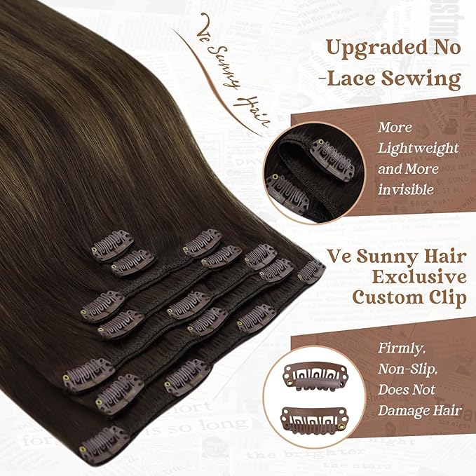 Ve Sunny Clip in Human Hair Extensions, Real Hair Extensions Clip in Human Hair, Human Hair Extensions Clip ins Dark Brown Ombre Medium Brown Balayage Hair Extensions 5pcs 80g 12inch