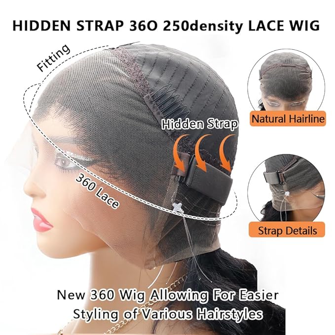 Hidden Strap Invisi Strap Straight 360 Glueless Wigs Human Hair Pre Plucked Pre Bleached Brazilian Virgin Wig With Drawstring 250 Density HD Full Lace Front Wigs Human Hair 28 Inch