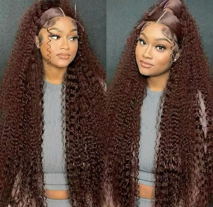 32 Inch Chocolate Brown Deep Wave Lace Front Wigs Human Hair Pre Plucked 200% Density 13x6 HD Lace Frontal Wigs with Baby Hair Deep Curly Wet and Wavy Glueless Wigs for Women (4# Brown, 32 Inch)