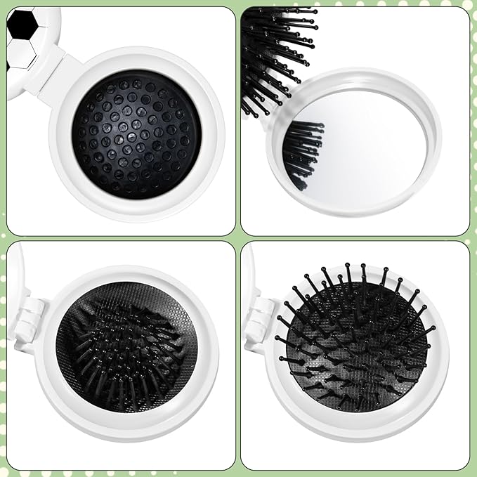 12 Pcs Soccer Mini Detangler Brush, Folding Mirror Hair Brushes, Mini Travel Hair Brush, No Tangle Soft Flexible Bristles for Straight, Curly, Thick Hair for Soccer Team Gift Sport Party