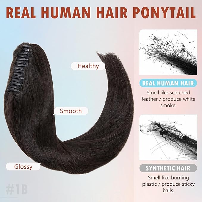 Hairro Claw Clip Ponytail Extension Human Hair Clip In Ponytail Jaw/Claw Jaw On Pony Tail Hairpieces For Women 18 Inch 115g #1B Natural Black