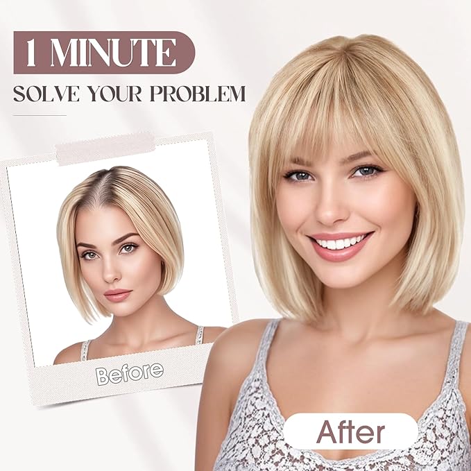 MY-LADY Human Hair Toppers for Women Real Human Hair with Bangs Thin 8.5 * 8.5CM Mono Base Clip in Remy Hairpieces Light Weight 14 Inch Golden Brown Mixed Bleach Blonde