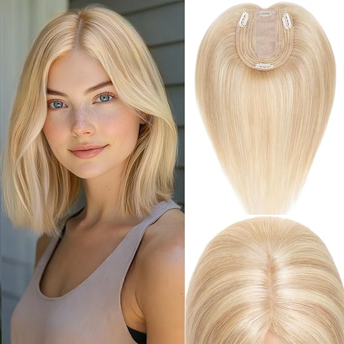 Rich Choices Hair Toppers for Women Real Human Hair 100% Human Remy Toppers NO Bangs with Thinning on Top Clip in Hairpiece 4"x4.7"Lace Base 14 Inch #18P613 Ash Blonde Highlights Bleach Blonde