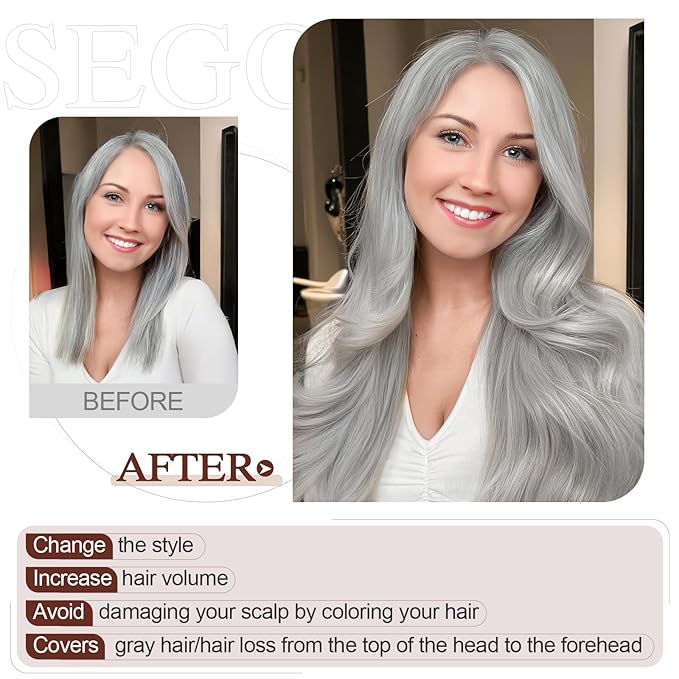 SEGO Hair Topper for Women, No Bangs Real Human Hair Topper with Anti-Slip Clips (8 Inches #Grey)
