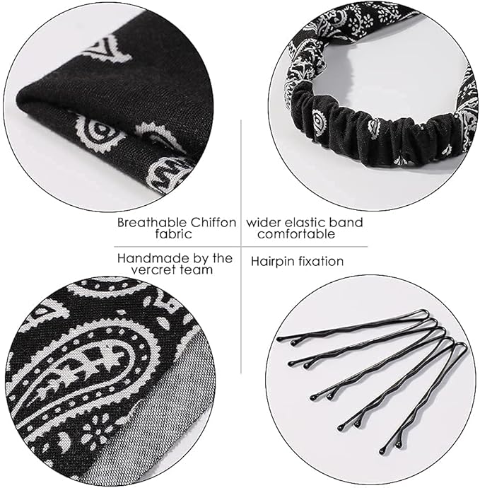 6 Pack Hair Scarf Headband for Women Elastic Bandana Head Scarf Large Boho Triangle Kerchief with Clips Non Slip Scarves
