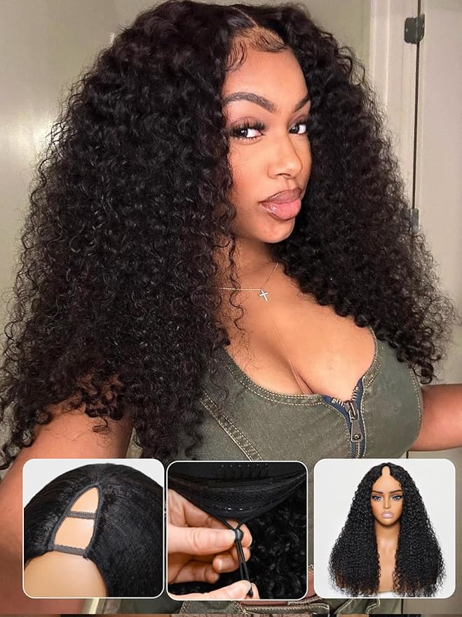YIROO EasiContour V Part Wigs Human Hair Jerry Curly Glueless Human Hair Wigs Upgraded U Part Curly Wigs No Leave Out No Gel V Shape Clip in Half Wig Beginner Friendly Ready to Go Wig 18 inch