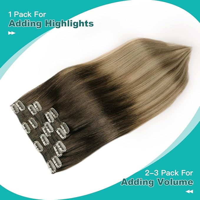 SURNEL Human Hair Clip in Extensions Balayage Dark Brown to Dirty Blonde Clip in Hair Extensions 14inch 6pcs 100g(#2/6/18,14'')