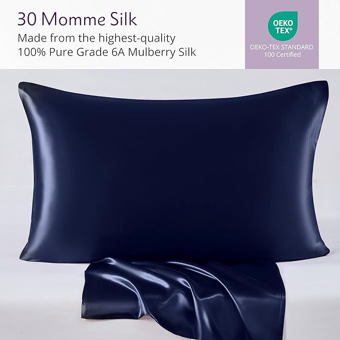 Mulberry Park 30 Momme 100% Pure Mulberry Silk Pillowcase - Luxury Charmeuse Weave for Hair and Skin, Cooling Silk Pillow Cover for Beauty Sleep - Queen Size 20"x30" / Navy