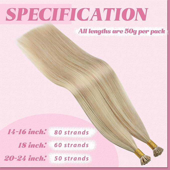 YoungSee I Tip Extensions Blonde Itip Hair Extension Real Human Hair Ash Blonde Highlight Bleach Blond Itip Hair Extension 16 Inch 60s 50g I-Tips Human Hair for Women