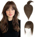 Hairro Mono Hair Toppers with Bangs, 3.4" x 3.4" Mono Base 100% Real Human Hairpieces for Women, 150% Density Clips In Topper for Greyish Thinning Hair, 14 Inch Cocoa Brown