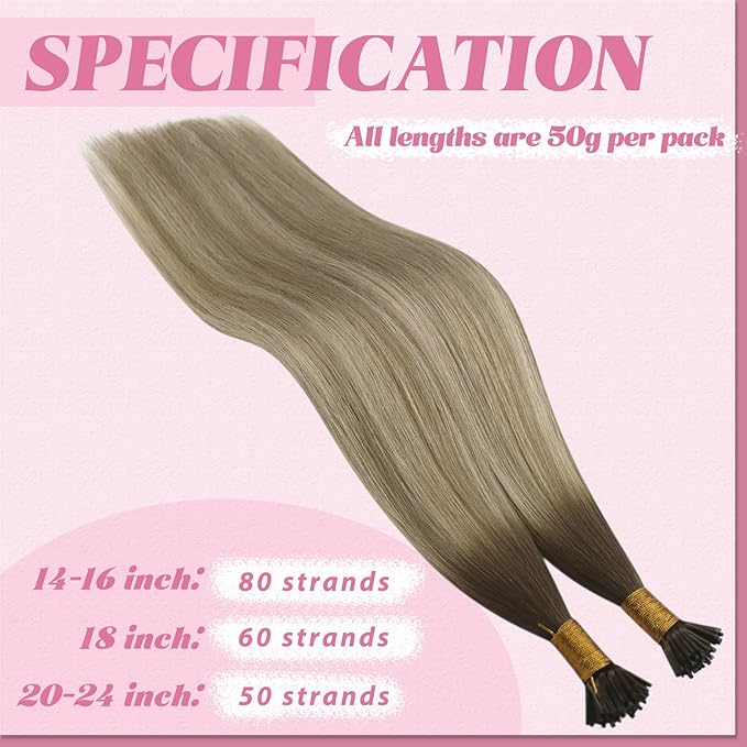 YoungSee I Tip Hair Extensions Human Hair Ombre 24 Inch I Tip Hair Extensions Balayage Light Brown to Brown with Blonde Itip Hair Extension for Office Women 50g 50s Pre Bonded Hair Extension