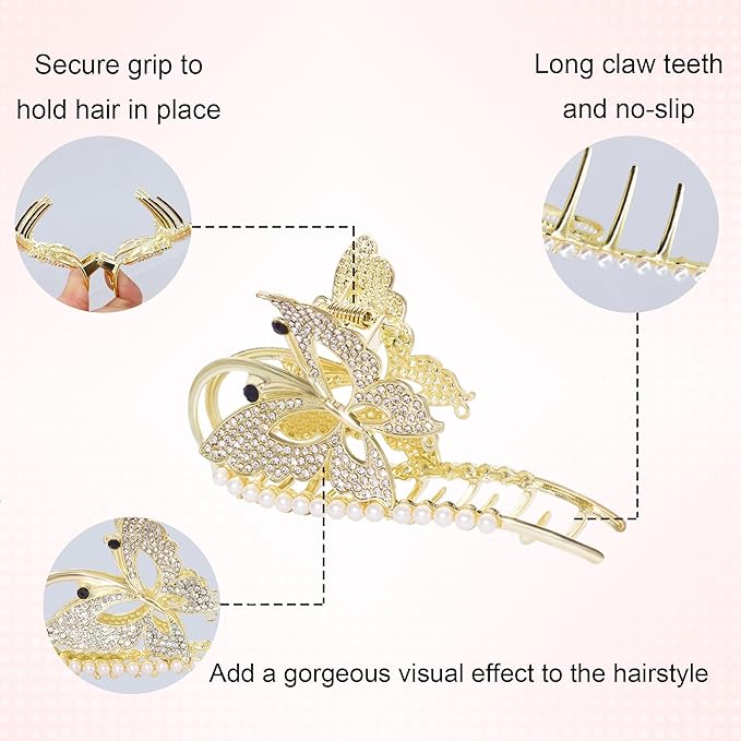 4Pcs Large Metal Hair Claw Clips with Rhinestones & Pearls, Peacock-Music Note-Butterfly-Ginkgo Non-Slip Hair Clips for Thin/Medium/Thick Hair, Gold Sparkly Strong Hold Hair Claws for Women Girls