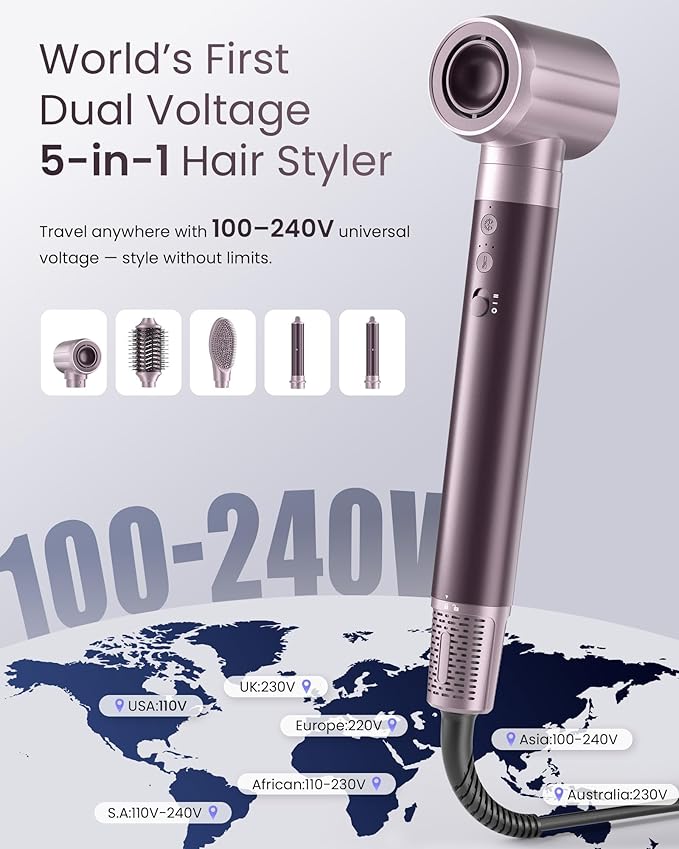 Dual Voltage Hair Dryer Brush for Travel – 5 in 1 Air Styler with High-Speed Blow Dryer, Anti-Frizz, Compact Design with Travel Bag, Ideal for Europe & Worldwide Use (100V–240V) Gift for Women