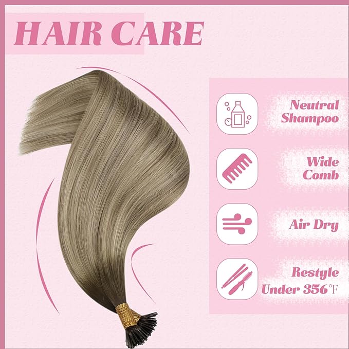 YoungSee Itip Hair Extensions Real Human Hair Ombre I Tip Hair Extensions Balayage Dark Brown to Brown with Blonde Itip Human Hair Extension Short Hair Extension 14In 50g 80s