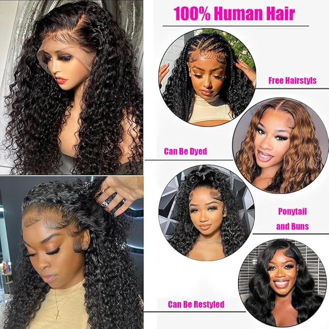 VIPbeauty 13x6 Deep Wave Lace Front Wigs Human Hair 200 Density 22 Inch Curly Wig for Women Natural Black HD Transparent Lace Glueless Frontal Wigs Human Hair Pre Plucked with Baby Hair