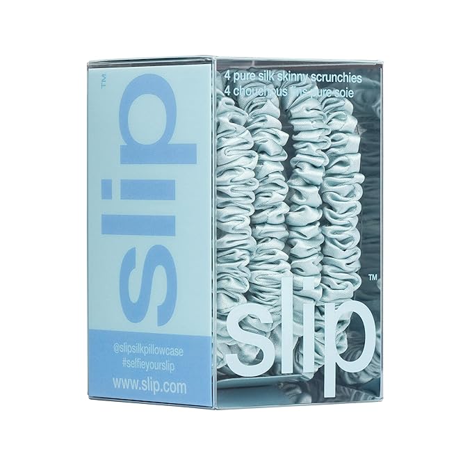 slip Skinny Scrunchies: Anti-Crease, Anti-Breakage Slipsilk™ Design Protects Delicate Hair | Includes 4 Pure Silk Scrunchies: Sky Blue