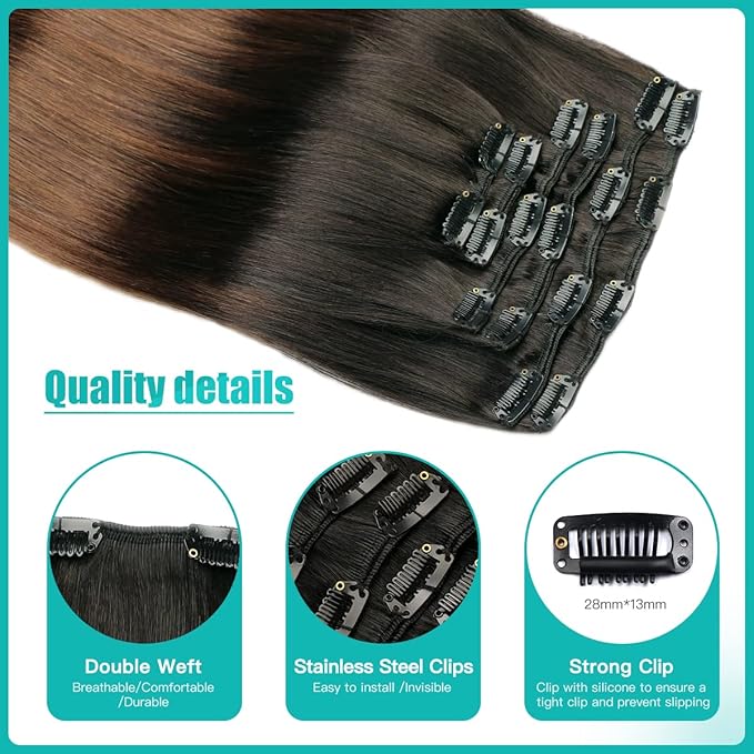 SURNEL Hair Extensions Clip Ins Balayage Natural Black to Chocolate Brown Clip in Hair Extensions 22 Inch 6pcs 120g(#1BT4,22'')