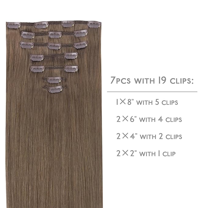 WENNALIFE Clip in Hair Extensions Real Human Hair, 24 Inch 120g 7pcs Human Hair Extensions Clip In Human Hair, Light Ash Brown Hair Extensions Clip In Real Hair Coloured Remy Human Hair Extensions