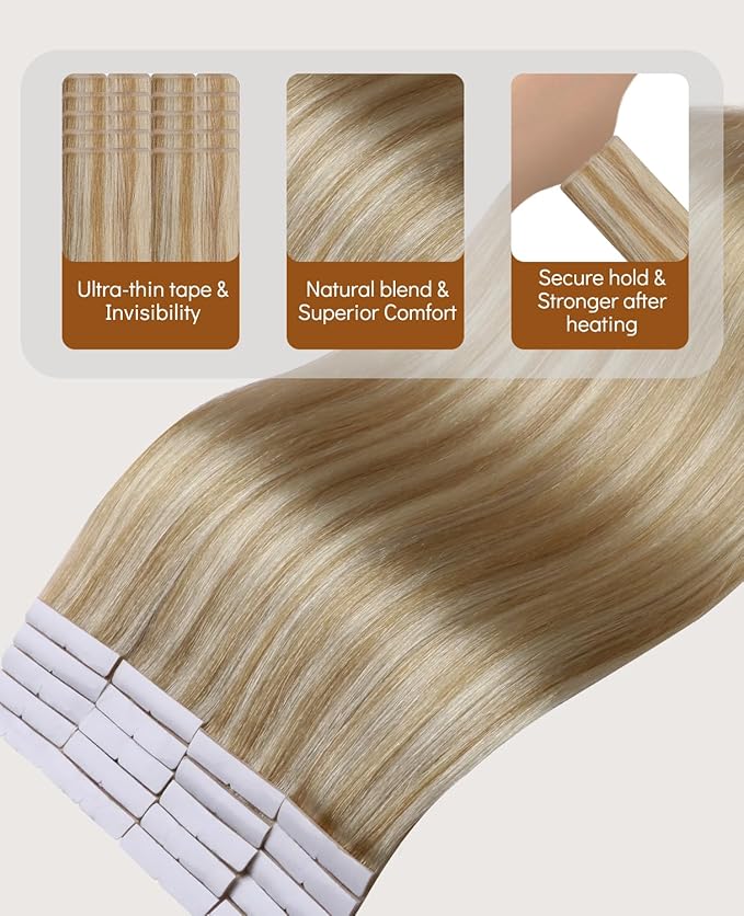 VINBAO Invisible Tape in Hair Extensions Human Hair Seamless Injected Tape in Hair Extensions Caramel Blonde Highlighted 60 Blonde Natural Blend 45g 20pcs 16inch #27P60