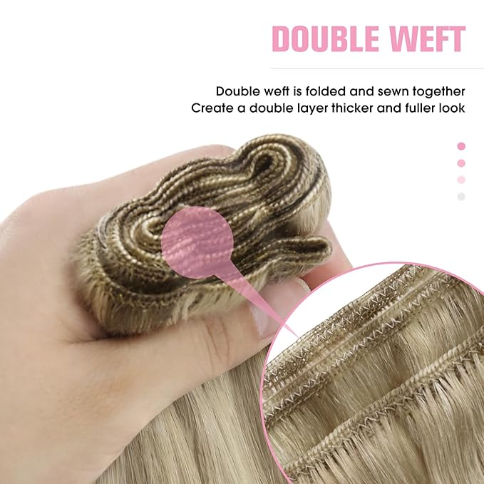 YoungSee Human Hair Sew in Extensions Highlights Double Weft Human Hair Extensions Light Brown Highlight with Blonde Weft Hair Extensions Human Hair for Woman 100G 24 inch