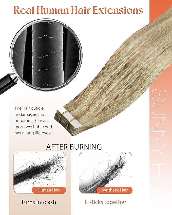 Sunny Hair Tape in Hair Extensions Real Human Hair Invisible Remy Hair Extensions Tape ins for Women Dark Blonde Highlights Light Blonde 22 inch 20Pcs 50G